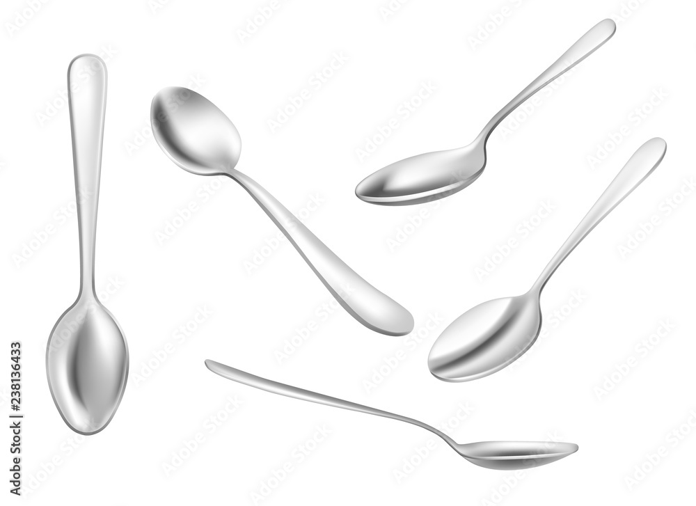 Set of realistic metal spoons - obrazy, fototapety, plakaty 