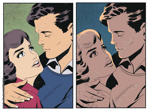 Couple in love. People in retro style pop art and vintage advertising.