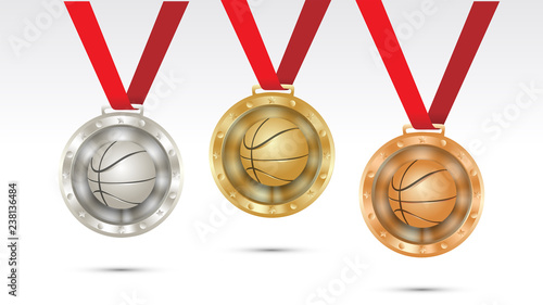 basketball Champion Gold, Silver and Bronze Medal set with Red Ribbon  Vector Illustration