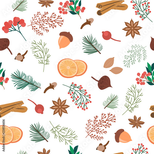 Seamless pattern with Christmas plants, flowers and spices. Editable vector illustration