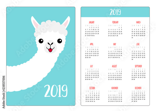 Llama alpaca face showing tongue, long neck. Simple pocket calendar layout 2019 new year. Week starts Sunday. Cute cartoon character. Vertical orientation. Flat design. Blue background.