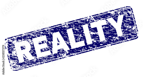 REALITY stamp seal print with grunge texture. Seal shape is a rounded rectangle with frame. Blue vector rubber print of REALITY tag with unclean texture.