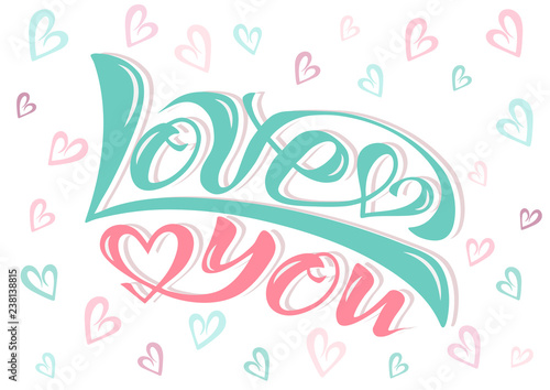 Handwritten text of calligraphy lettering translated into vector. Vector image of beautiful letters of the phrase love you for greeting card inscription icon or logo with a heart