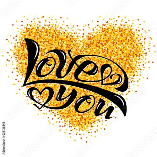 Handwritten text of calligraphy lettering translated into vector. Vector image of beautiful letters of the phrase love you for greeting card inscription icon or logo with a heart