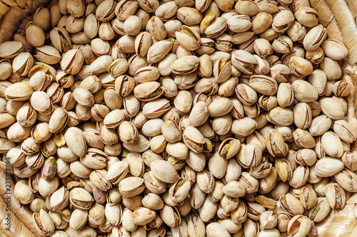 Close-up of pistachio. Salted pistachio - beer snack. 