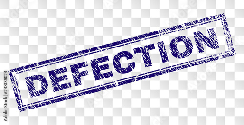 DEFECTION stamp seal imprint with rubber print style and double framed rectangle shape. Stamp is placed on a transparent background. Blue vector rubber print of DEFECTION tag with unclean texture.