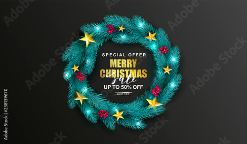 Merry Christmas Sale Poster.Green Christmas wreath with Rowan and golden stars.Suitable for promotional materials, postcards,posters banners, flyers. Modern design. Vector illustration