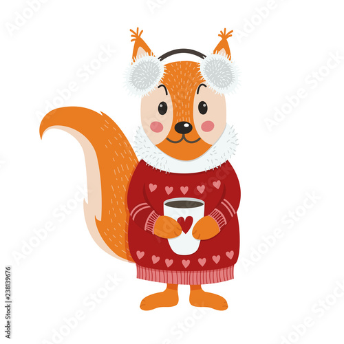 Isolated cute squirrel is dressed in winter clothes