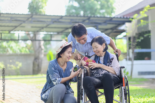 Photography Son and daughter in law gift elderly mother in backyard