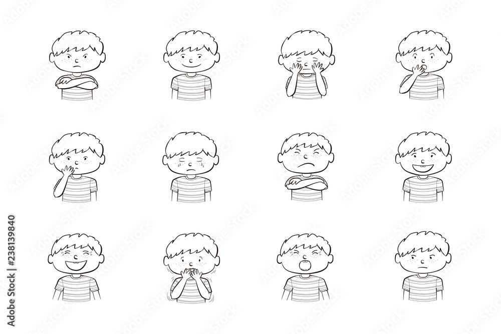 Collection of 12 illustrations of little boy showing different emotions Collection of 12 illustrations of little boy showing different emotions