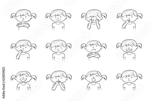 Collection of 12 Collection of 12 illustrations of little girl showing different emotions of girl showing different emotions