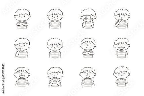 Collection of 12 illustrations of little boy showing different emotions