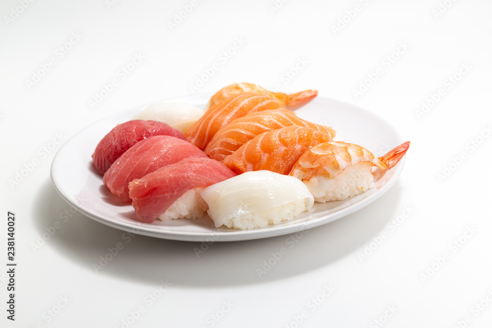 Japanese seafood sushi Sushi on whtie plate Japanese seafood sushi Sushi on whtie plate
