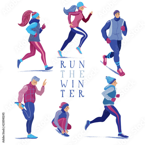Set of people, men and women, running in winter season, flat cartoon vector illustration isolated on white background. Set of men and women running, jogging in winter season, dressed in warm clothes
