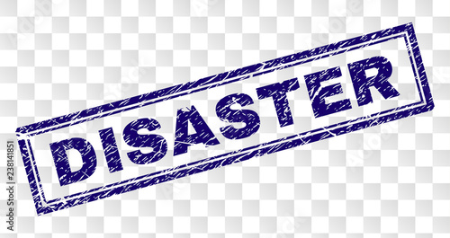 DISASTER stamp seal imprint with scratched style and double framed rectangle shape. Stamp is placed on a transparent background. Blue vector rubber print of DISASTER text with scratched texture.