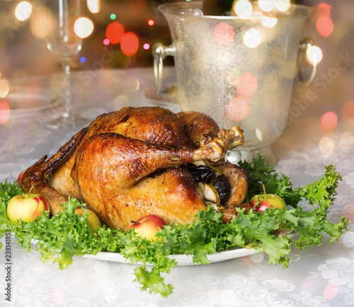 Christmas table with roast capon.
