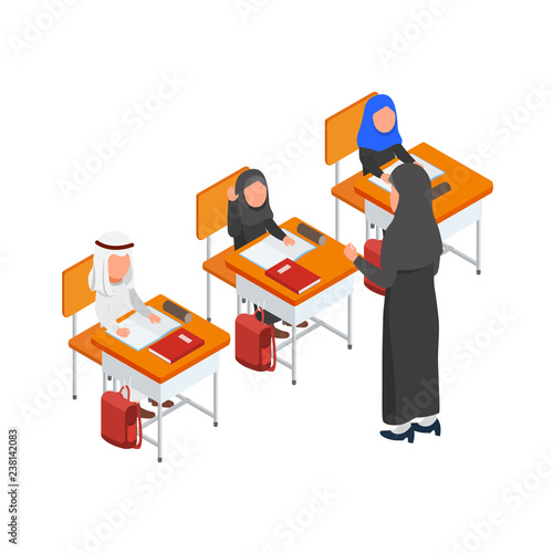 Classroom Activity Studying in School Teacher and Students Vector Isometric