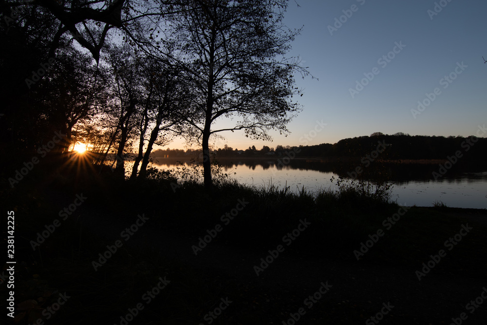 Sun just about to rise over lake - orange; trees to the left Sun just about to rise over lake - orange; trees to the left