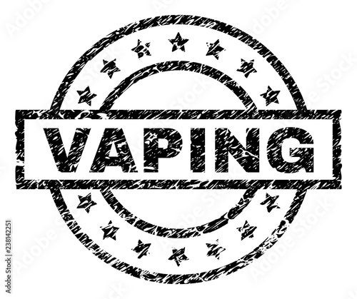 VAPING stamp seal watermark with distress style. Designed with rectangle, circles and stars. Black vector rubber print of VAPING tag with unclean texture.