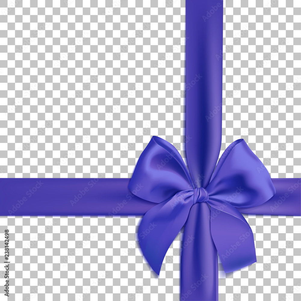 Realistic blue bow and ribbon isolated on transparent background