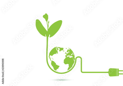 Green sprout seedling around globe with electrical plug, environmental concept vector illustration