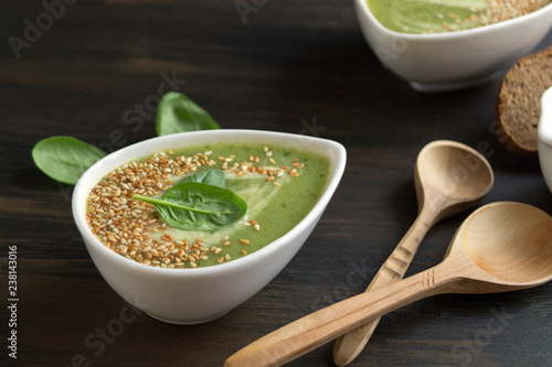 Vegetarian spinach soup in a white plate.