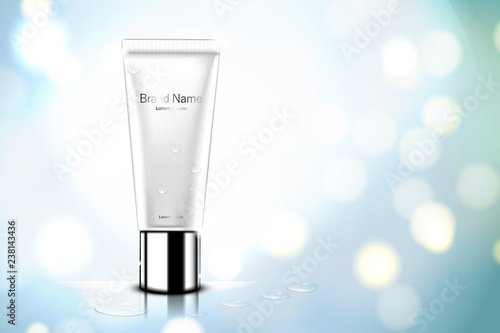 Luxury cosmetic Bottle package skin care cream, Green tea serum set, Beauty cosmetic product poster, with Bokeh and Water background