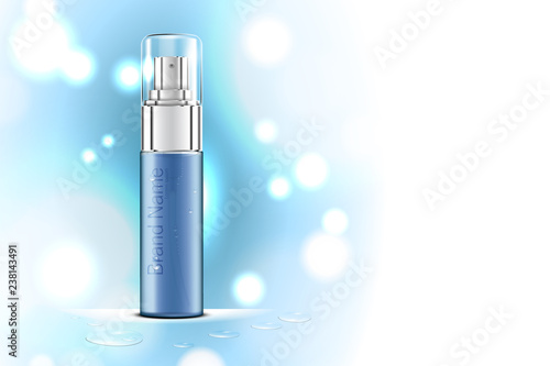 Luxury cosmetic Bottle package skin care cream, Green tea serum set, Beauty cosmetic product poster, with Bokeh and Water background
