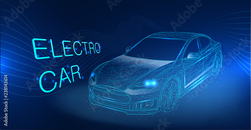 Electric car illustration. Abstract vector image. Smart car in polygonal style in the form of a starry sky or space, consisting of points, lines. Concept Autonomous car.  Eco, electro auto concept 