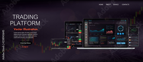 Web Site Screen template. Forex market, news and analysis. Binary option. Application screen for trading. Candles and indicators. HUD UI for business app. Futuristic virtual user interface. Data chart