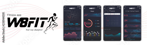 Different UI, UX, GUI screens fitnes app and flat web icons for mobile apps, Fitness application design. Mock up Mobile app. Vector template. Fitness interface design for mobile application