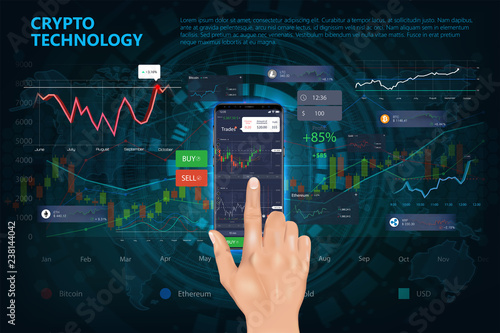 Crypto online commerce. Mining bitcoin technology on autonomic computing program and trade platform. Online trading signals to buy and sell currency on the forex chart concept. Realistic style