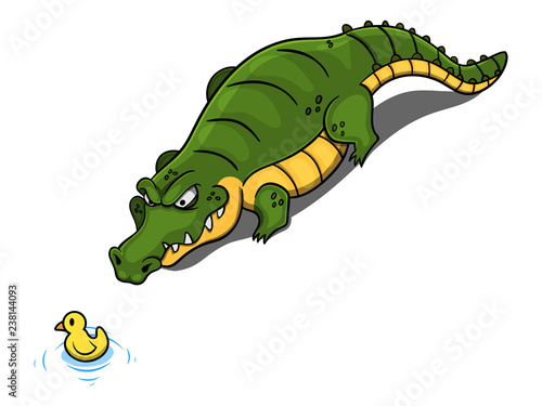 Big Fat Alligator snooping a Duck Toy on water, hook by bait Cartoon Vector