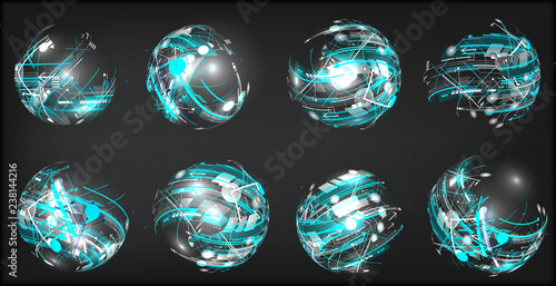 Design elements set in dark colors icons. Vector collection abstract elements. 3D Balls of abstract elements, arrows, circles, lines with glow