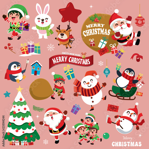 Vintage Christmas poster design with vector snowman, reindeer, penguin, Santa Claus, elf, rabbit characters.