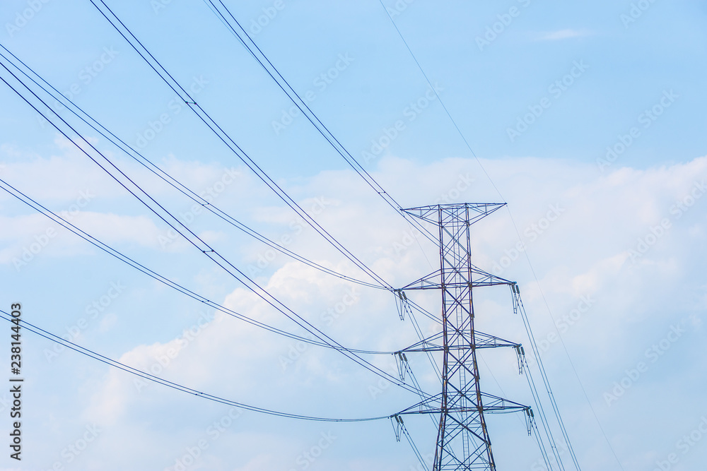 Electricity concept. Close up high voltage power lines station.