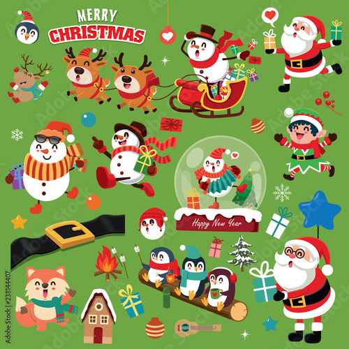 Vintage Christmas poster design with vector snowman, reindeer, penguin, Santa Claus, elf, fox characters.