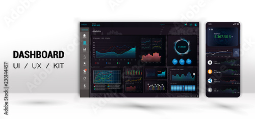 Infographic dashboard template with flat design graphs and pie charts.  Information Graphics elements for UI UX design. Web elements and mobile mock up