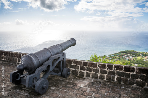 Stampa su Tela Cannon faces the Caribbean Sea at Brimstone Hill Fortress on Saint Kitts