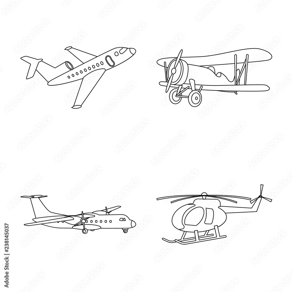 Vector illustration of plane and transport symbol. Set of plane and sky stock symbol for web.