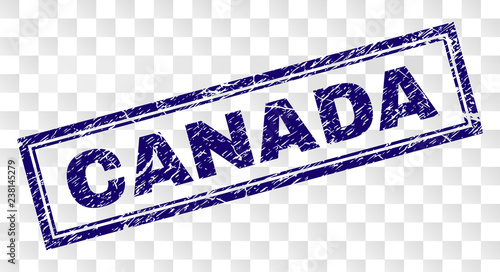 CANADA stamp seal print with rubber print style and double framed rectangle shape. Stamp is placed on a transparent background. Blue vector rubber print of CANADA caption with unclean texture.