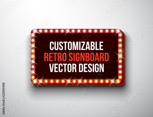 Vector retro signboard or lightbox illustration with customizable design on clean background. Light banner or vintage bright billboard for advertising or your project. Show, night events, cinema or