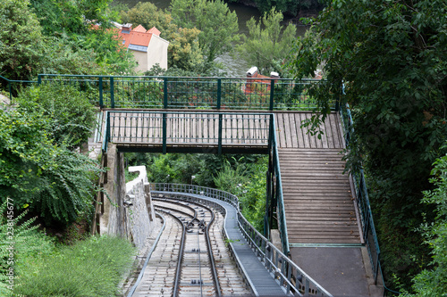 Mountain cable car to the castle Schlossberg in Austria in the city of Graz.