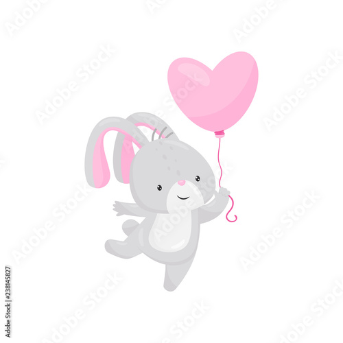 Little bunny with pink heart-shaped balloon. Adorable animal with long ears. Flat vector for romantic postcard