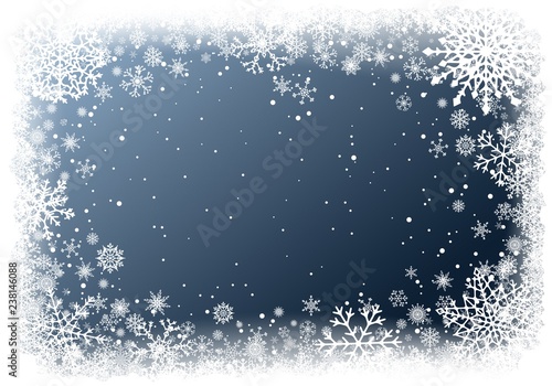 Christmas greting card with white frame of snowflakes on dark blue background. New-Year winter vector illustration with copy-space.