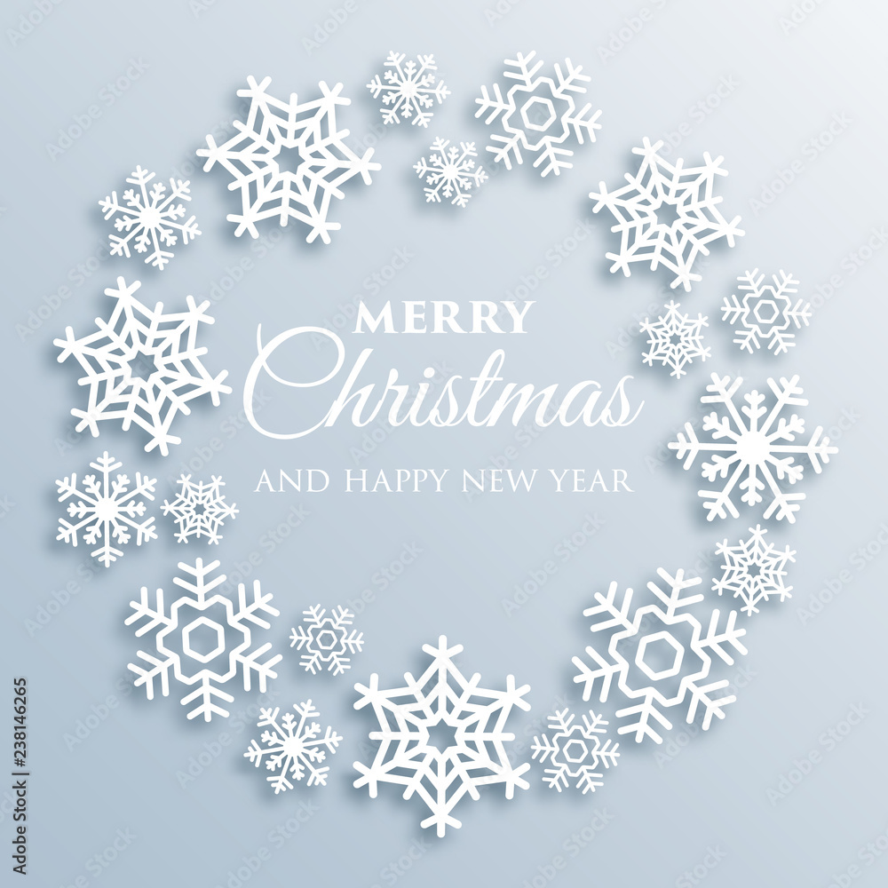 Merry Christmas greeting card with white snowflakes. Paper style Xmas vector background template. Elegant poster, flyer, creative ornament decoration. New Year, Winter Holidays design for celebration Merry Christmas greeting card with white snowflakes. Paper style Xmas vector background template. Elegant poster, flyer, creative ornament decoration. New Year, Winter Holidays design for celebration