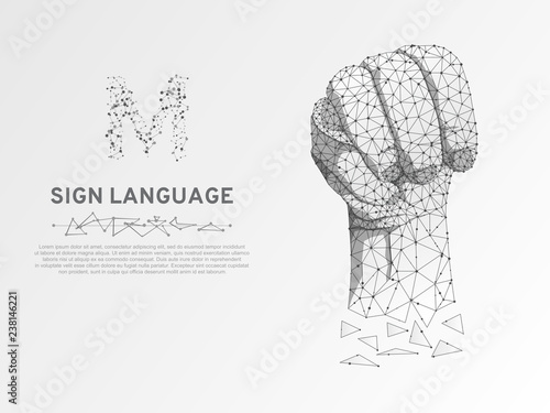 Origami Sign language M letter, Russian Sing Dulya Figa Shish Kukish behind third finger. Polygonal space low poly style. People silent communication. Connection wireframe Vector on white background
