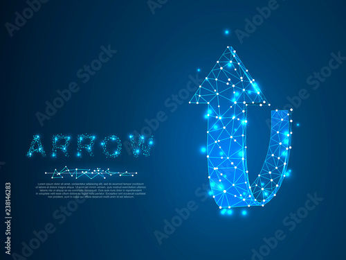 Arrow pointing up. Polygonal space low poly illustration. Growth, success, direction symbol. Connection wireframe mesh structure. Vector on dark blue background