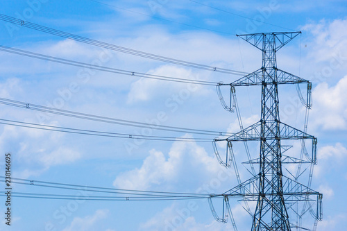 Electricity concept. Close up high voltage power lines station.