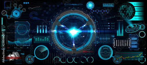 Head-Up Interface set for GUI, UI, UX design. HUD style, Technology elements set (space, dashboard, hologram, spaceship, medicine, finance, analytics) Mechanical scheme HUD electric field. Vector set